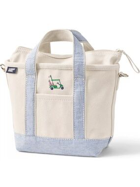 Lands’ End Small 3 Pocket Zip Top Canvas Tote Bag Golf Cart Natural Blue Stripe